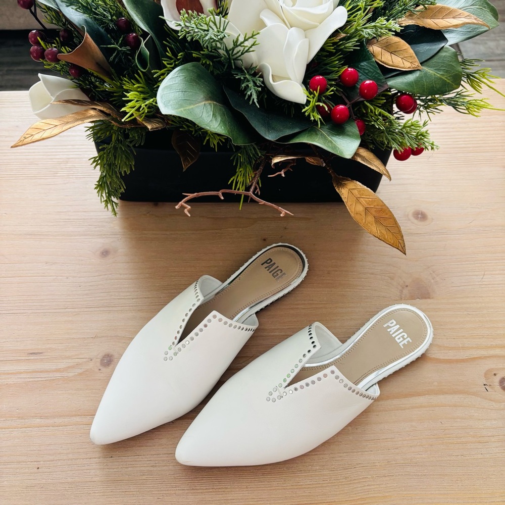 Paige Alia Studded Pointed Toe Mule‎ Women’s Size 8 White Leather MSRP $278
